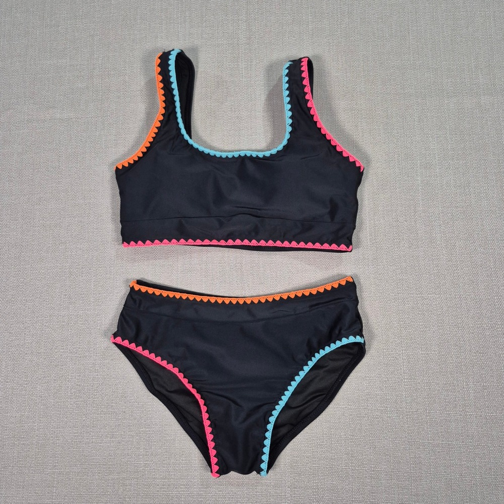 Girls Black High Waisted Bikini Set Neon Rickrack Trim Size 12Y-13Y 2XL